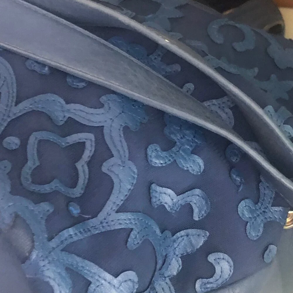 Blue Vachetta Scroll Leather & Lace Satchel Tote Bag - Picture 12 of 14